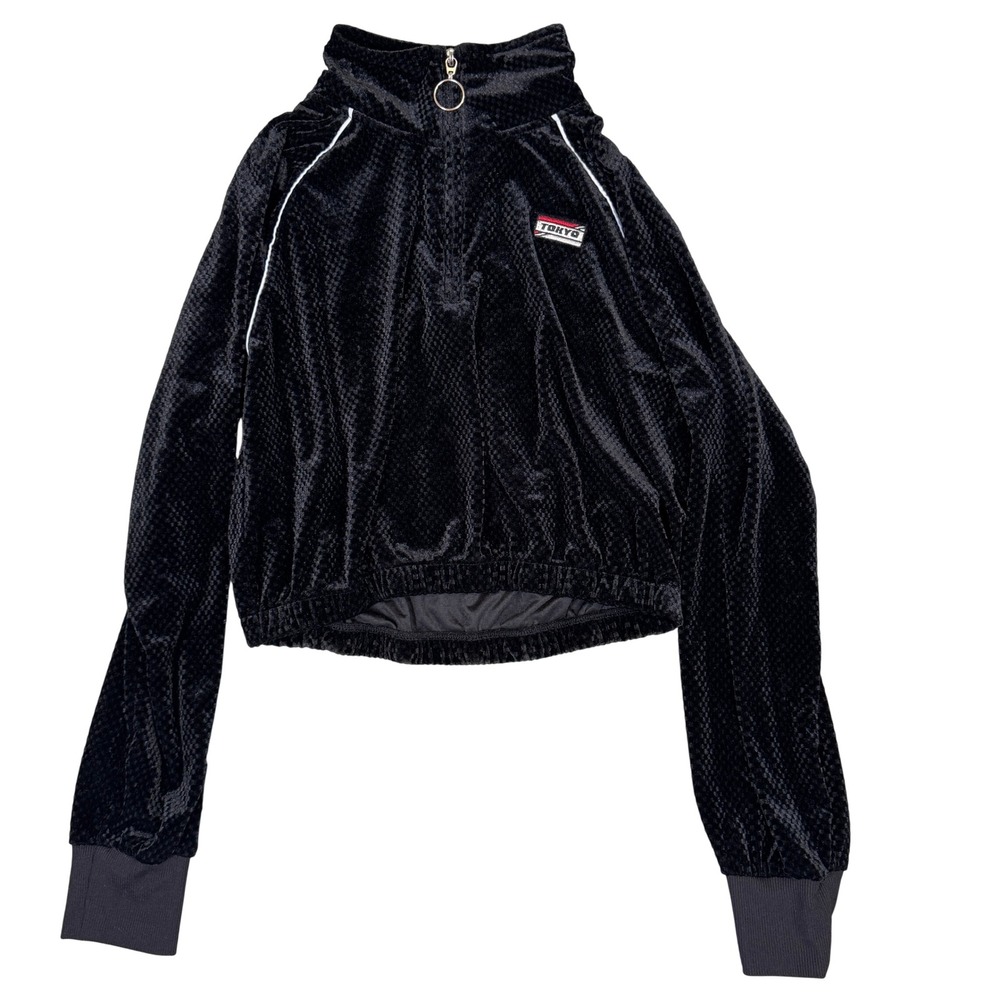 Forever 21 Tokyo Black Velvet Cropped Quarter Zip Pullover Checkered Mock Neck
